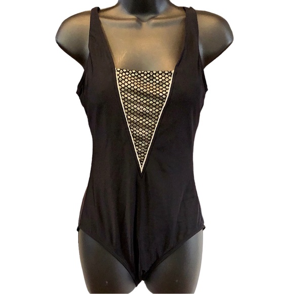 Vintage 1980's It Figure's Size 12 Hip Hider One Piece Swimsuit Black Fishnet - Picture 1 of 13